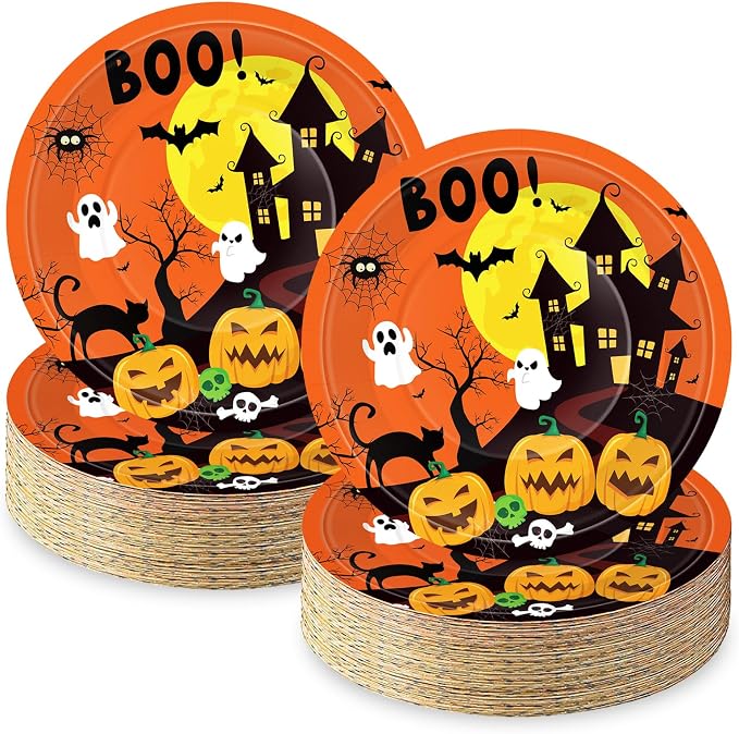 50 Pcs 9-Inch Halloween Paper Plates Tableware Trick or Treat Supplies - skull plate