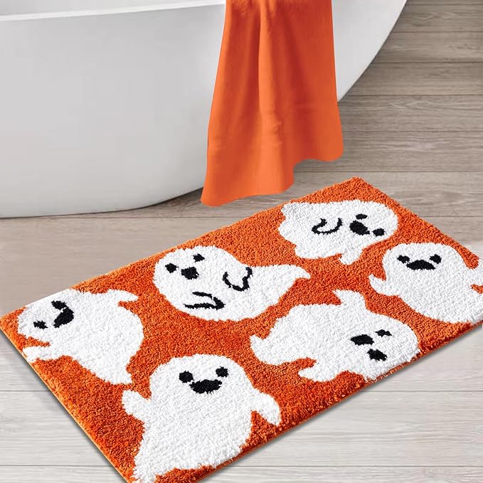 Estmy Cute Orange Ghost Bath Mat Non Slip Machine Washable 16’’x24’’ Spooky Funny Halloween Bath Rug Bathroom Decor, Soft Shaggy Microfiber Scary Spirit Fall Bathroom Shower Floor Mat Absorbent - skull toilet mat