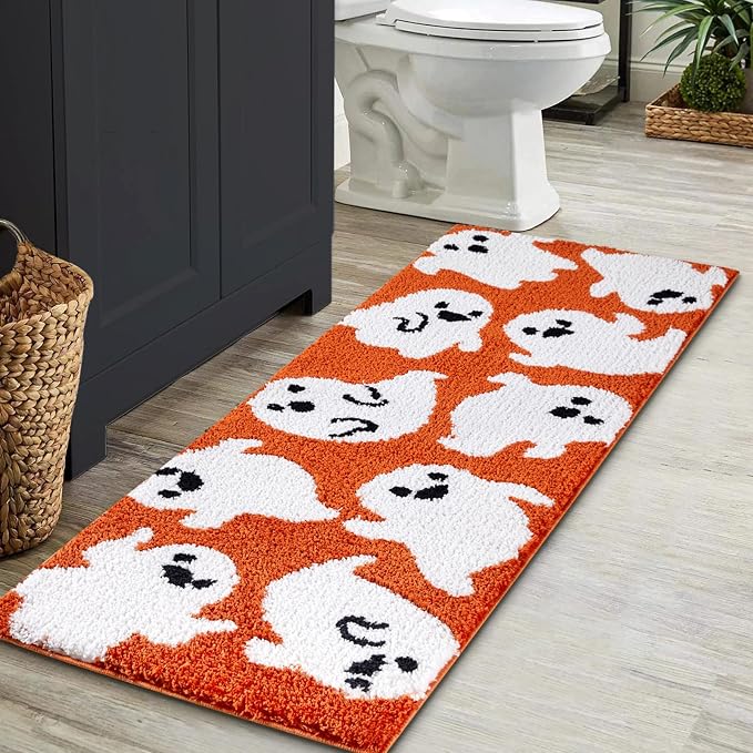 Estmy Cute Ghost Bathroom Entryway Runner Rugs Extra Long Bath Mat Non Slip Washable 2x5 Cute Halloween Fall Kitchen Rugs Aesthetic Funky Bedroom Bedside Accent Rug Orange Autumn Halloween Rugs - skull carpet