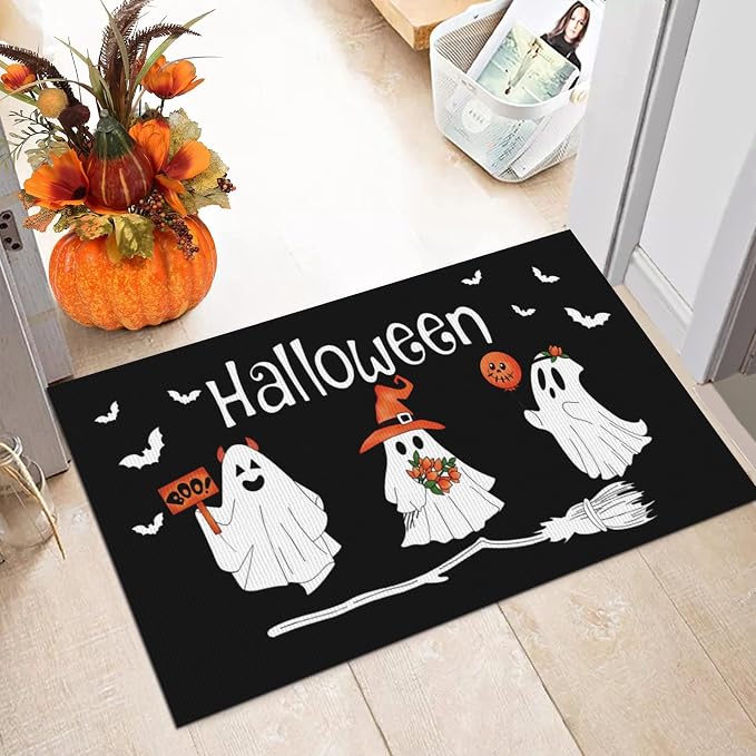 Halloween Door Mat Cute Ghost Front Door Entrance Mat Vintage Rustic Yard Non Slip Porch Home Decoration Indoor Outdoor 17 X 29 Inch, Black - skull floor mat