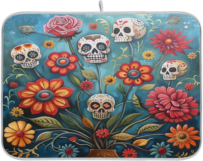 Attractive Kitchen Countertop Dish Drying Mat, Art Sugar Skulls Flower Day Of Dead 18"" x 24"" Large Absorbent Slip-Resistant Table Protector Multipurpose Counter Rack Sink Drainer Pad, Floral - skull plate