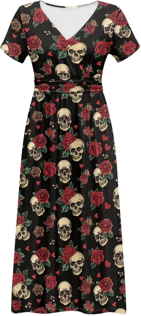 Women’s Fall Summer Short Sleeve Ankle Length V-Neck Party Dress with Pockets Size S-3XL