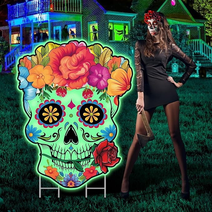 Sugar Skull Yard Sign Decorations Large Day of the Dead Fluorescent Skeleton Dia De Los Muertos Outdoor Lawn Sign with Stakes for Mexican Fiesta Halloween Party Glow in the Dark Supplies Garden Decor - skull inflatable