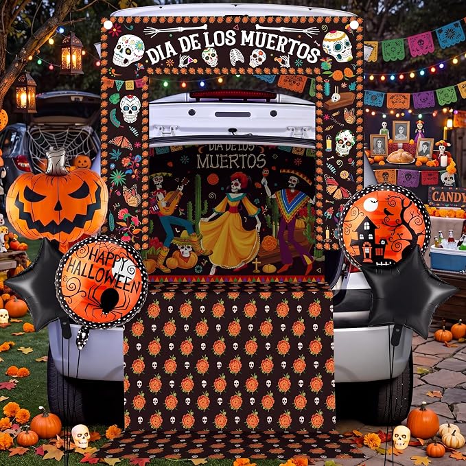 Shellwei 8 Pcs Halloween Day of The Dead Trunk or Treat Car Decoration Kit - skull carpet
