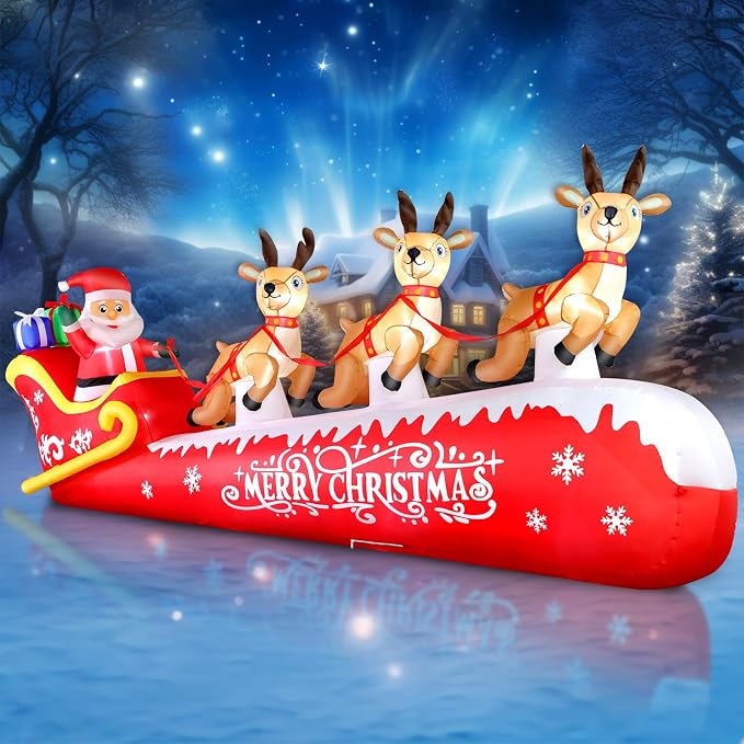 12 FT Christmas Inflatable Santa Claus on Sleigh with 3 Reindeers Outdoor Decorations, Giant Christmas Blow Up Yard Decorations with Bright LED Lights for Lawn Street Garden Xmas Holiday Party - skull inflatable