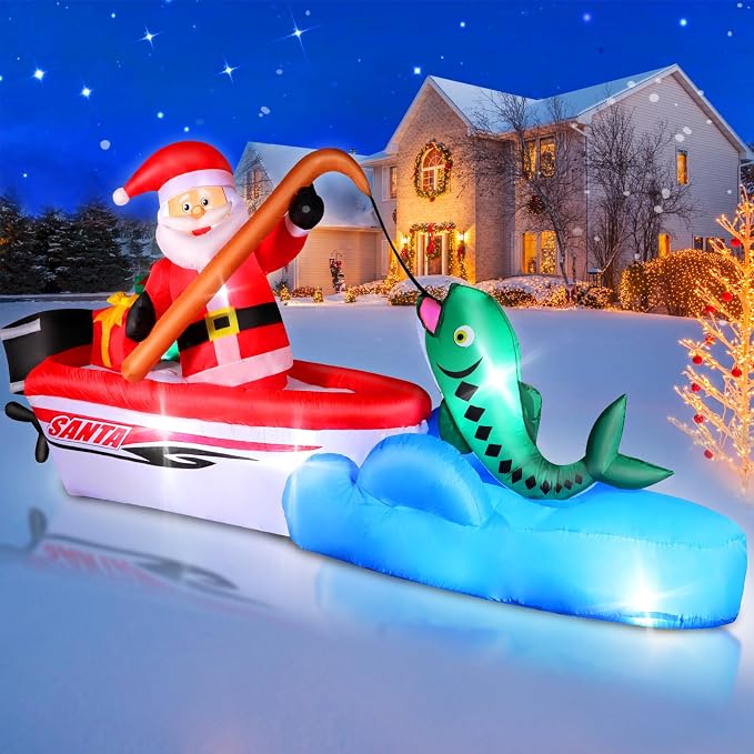 FunFanso 11 FT Christmas Inflatable Santa Claus Fishing on the Boat, Blow up Outdoor Decorations with Built-in Bright LED Lights, Vibrant Xmas Festival Decor for Lawn Yard Garden Holiday Party Porch - skull inflatable