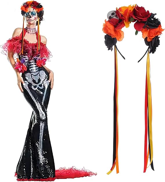 Mexican Day of the Dead Flower Headband Halloween Skull Floral Crown Rose Veil Ribbon Streamers Headpiece Hair Accessories for Women Girls Halloween Masquerade Cosplay Party Costume - sugar skull costume
