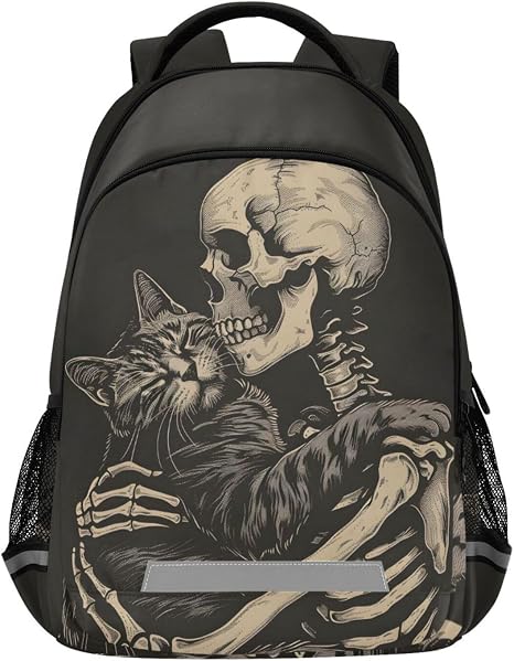 Skull Backpack for Students Boys Girls Cat and Skeleton Skull School Bag Travel Daypack Rucksack