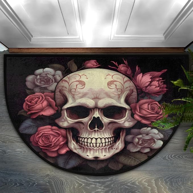 Flower Skull Half Round Door Mat Welcome Entrance Mat Bath Bathroom Rug - skull carpet