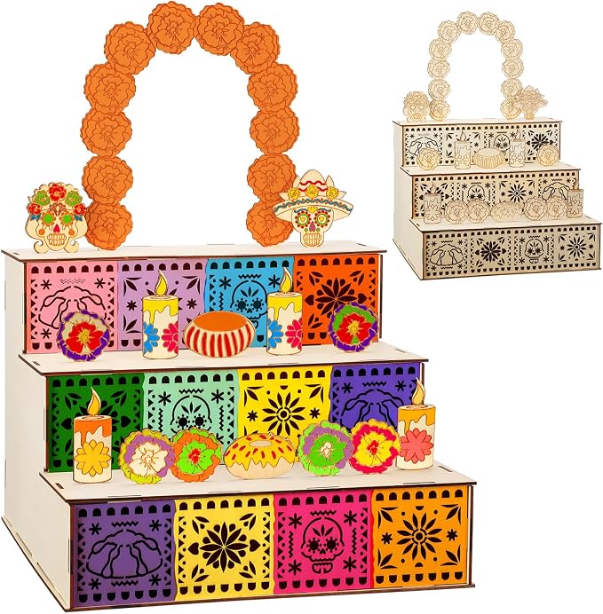 Wonderjune Elegant Day of the Dead Ofrenda Altar Wooden Shadow Box - skull figurine