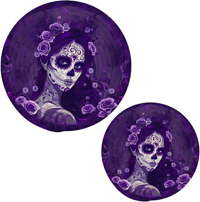 Gorgeous Kitchen Set of 2 Potholders Trivets, Day of Dead Makeup Girl in Purple Sugar Skull Woven Hot Pot Coasters Placemats for Cooking Baking Hot Dish Pan Pot Bowl Teapot(7&9 Inches Diameter) - skull coaster