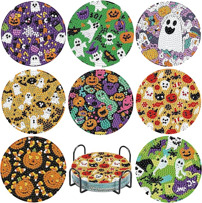 EWJRNSF 8 PCS Cute Ghost Diamond Art Coasters Kit with Holder for Adults - skull coaster