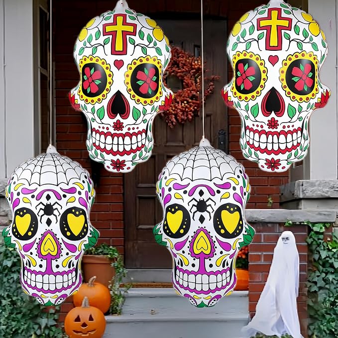 4Pcs 24" Dia De Los Muertos Decorations, Day of The Dead Decorations, Halloween Inflatables Sugar Skull Decoracion, Mexican Party Yard Outdoor Decorations - skull inflatable