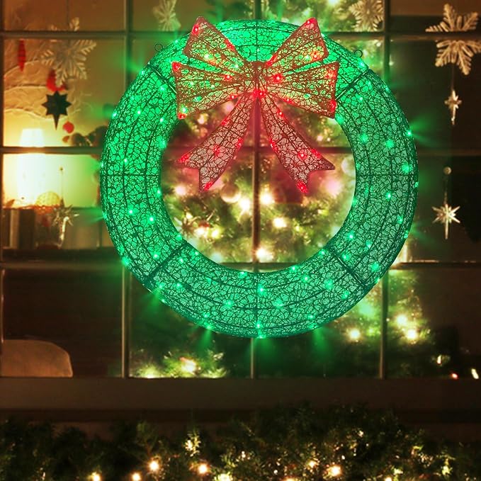 Lighted Christmas Wreath Outdoor Decorations, 24in Small Christmas Wreath 110 Lights with 8 Flashing Effects, Prelit Wreath Plug-in and Battery Operated with Timer for Door, Window, Garage-Green - skull wreath