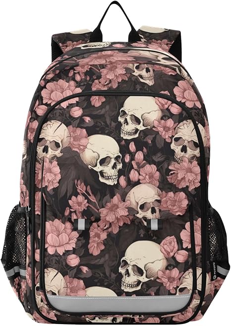 ALAZA Skeleton Skull Pink Flowers Backpack School Backpacks Travel Laptop Bag Kids Bookbag for Girls Boys Teens Women Men