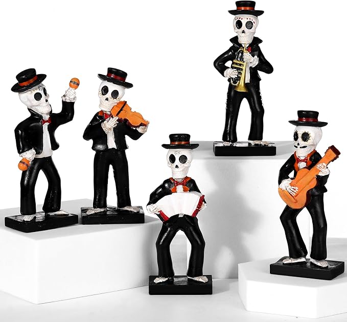 Blosssound 5 Pcs Skeletons Statue Mariachi Band Skull Halloween Figurines 4" Tall Day of the Dead Figurines Collectible Folk Musician Players for Halloween Party Altar Home Decoration - skull figurine