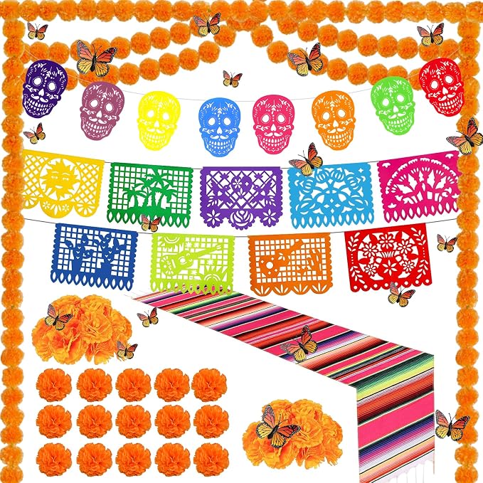 Dia De Los Muertos Decorations Ofrenda Kit 94 Pcs, Day of the Dead Decor for Altar, Papel Picado, Marigold Flowers, Garlands, Monarch Butterflies, Felt Skulls Banner, Table Runner - skull figurine