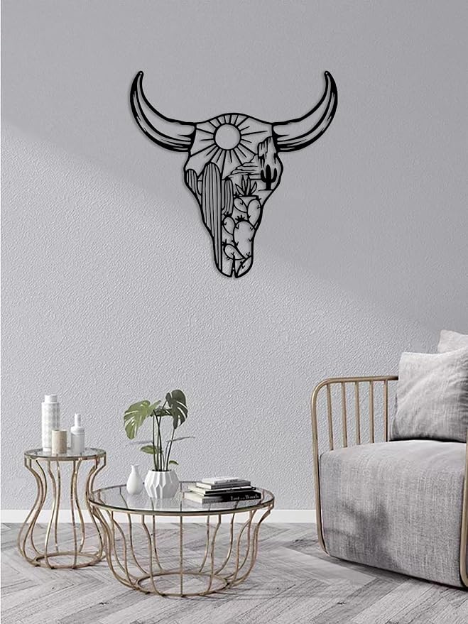 RESACO Cow Skull Metal Wall Art Western Wall Decor Western Home Decorations Southwestern Decor Desert Wall Sculptures for Living Room Bathroom Indoor Outdoor (Black 13in x13in) - skull wall art