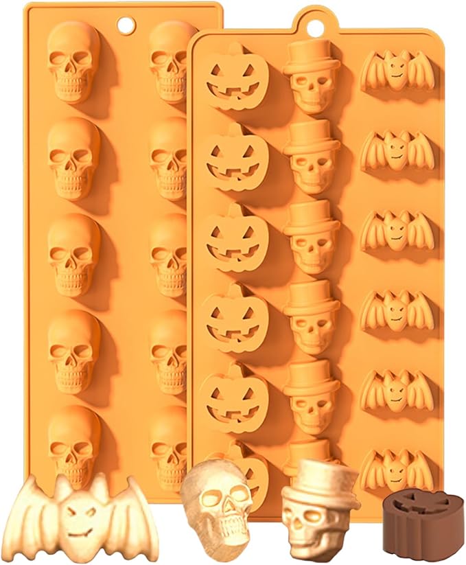 2 Pcs Halloween Silicone Molds, Halloween Pumpkin Bat Skull Shape Chocolate Molds for DIY Halloween Cupcake Candy Baking Molds - skull ashtray