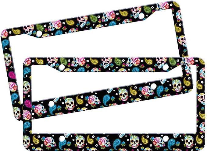 WIRESTER Set of 2 License Plate Frame, Aluminum Car Tag Cover Decoration for Car Truck SUV Vehicle - Van Gogh, Skulls, Pattern - skull plate