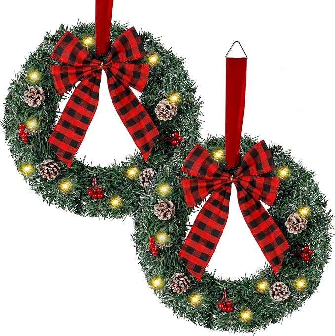 Zcaukya Pre-lit Christmas Wreaths, 14 Inch, 2 Packs - skull wreath
