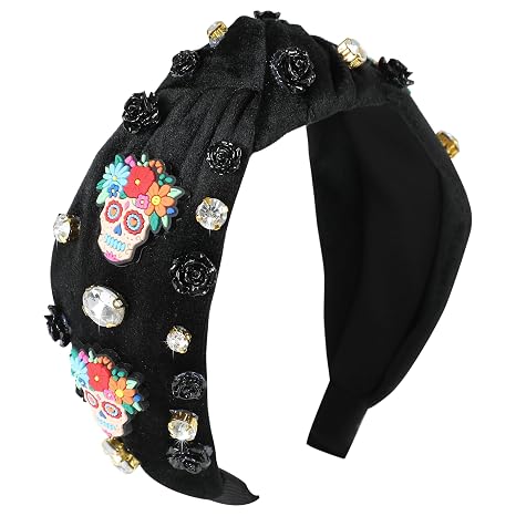 Halloween Skull Headband for Women Black Knotted Velvet Headband Wide Top Knot Crystal Rose Flower Embellished Hairband Halloween Hair Accessories Spooky Costume Gifts - skull headband