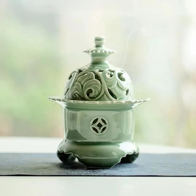 Hermit Life Three-Legged Incense Burner (Celadon), Porcelain Incense Holder with Lotus-Shaped Lid, Green - skull incense burner