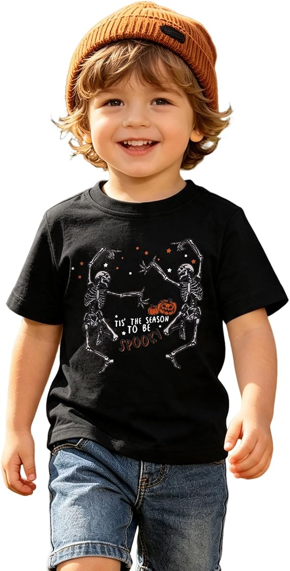 GLIGLITTR Dancing Skeleton Toddler Halloween Shirt Baby Boy Girl Spooky Season Tshirt Funny Skull Tee Tops Kids Fall Clothes - skull tshirt