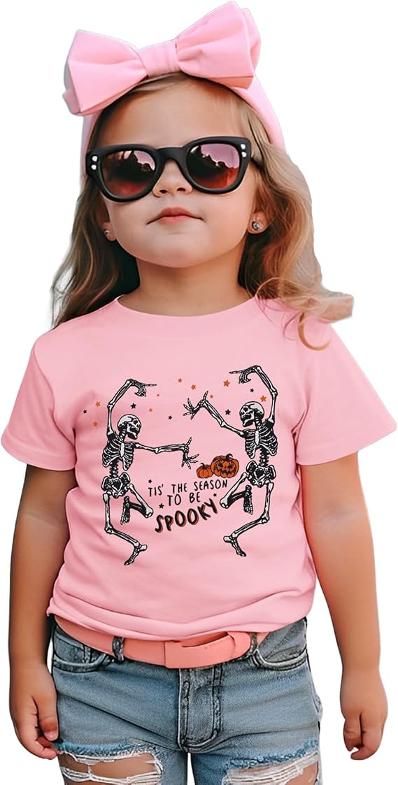 GLIGLITTR Dancing Skeleton Toddler Halloween Shirt Baby Boy Girl Spooky Season Tshirt Funny Skull Tee Tops Kids Fall Clothes - skull tshirt