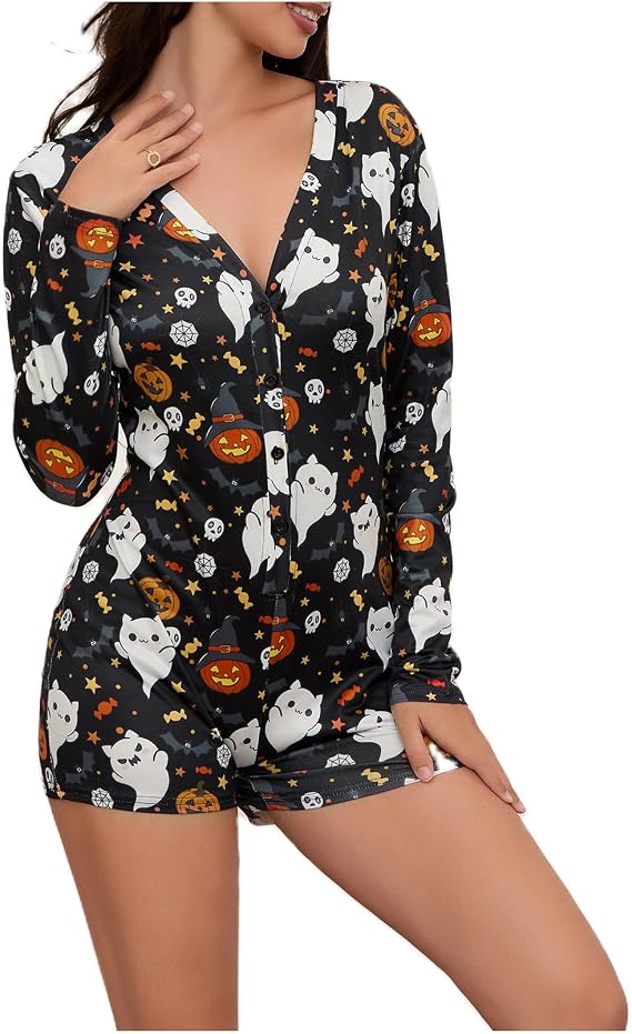 iTranyee Women Bodycon Halloween Pajama Romper Long Sleeve Pumpkin Skull Print One Piece Jumpsuit Shorts Sexy V Neck Onesie - skull pajamas