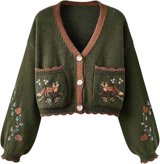BEAUDRM Women's Fall Cropped Cardigans Cottage Core Button Up Boho Sweater - skull jacket