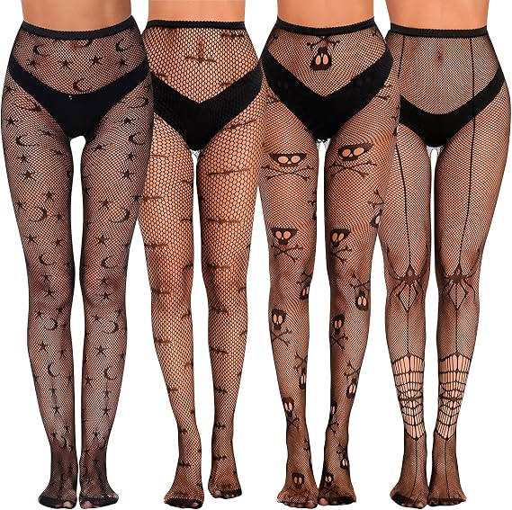 QZUnique Halloween Fishnet Stockings Tights for women - Halloween High Waist Tights,Skull Spiderweb Lace Fishnet Stockings - skull leggings