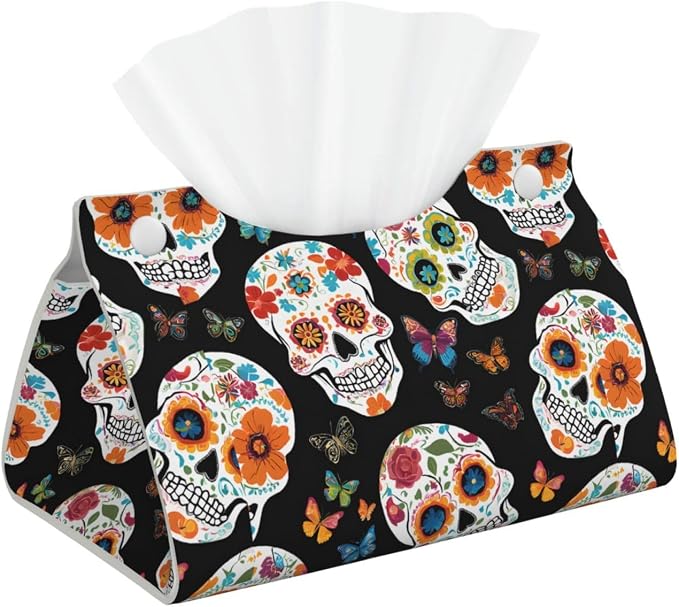 (Sugar Skulls) Modern Waterproof Lightweight Soft Rectangular PVC Long Tissue Box Cover Facial Tissue Holder for Living Room Bathroom Office - skull toilet paper