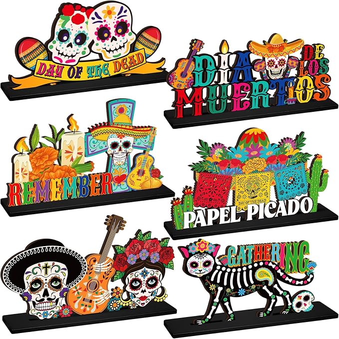 6 Pcs Dia De Los Muertos Table Decorations for Altar Wooden Ofrenda Decor - skull figurine