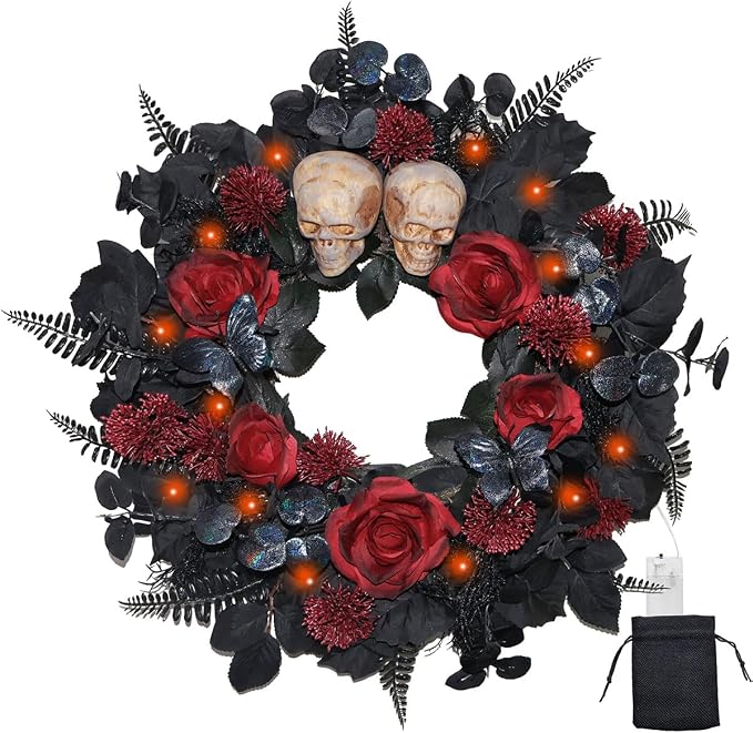 22 Inch Lighted Halloween Wreath with 40 Orange LEDs and 2 Skulls - skull wreath