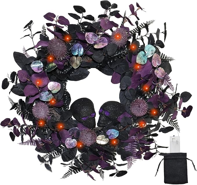 22″ Prelit Halloween Wreaths for Front Door with 40 LEDs