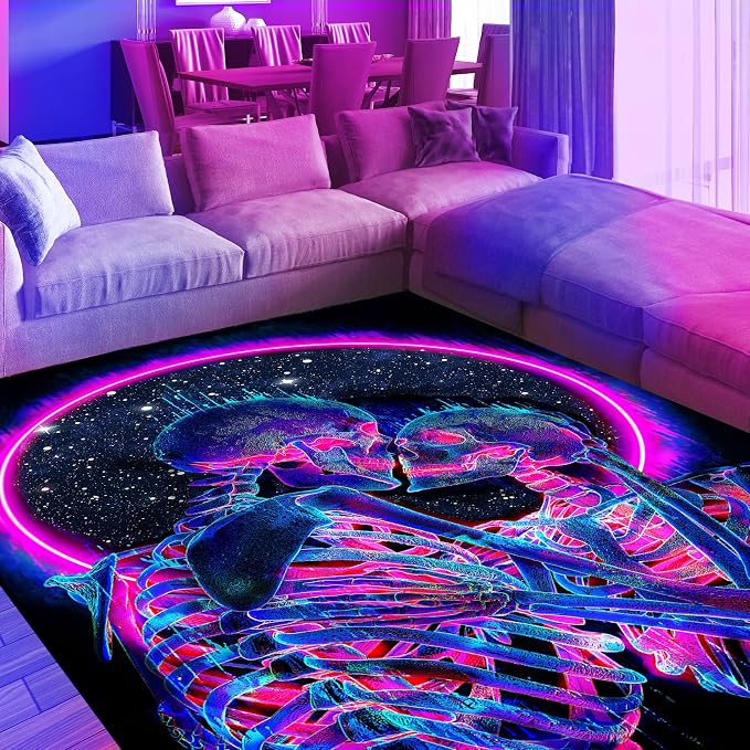 Blacklight Kiss Skull Area Rug, Neon UV Reactive Couple Skeleton Throw Rug, Romantic Fluorescent Luminous Floor Mat Carpet, Glow in The Dark Decor for Bedroom Lover Gift 70x47inch - skull carpet