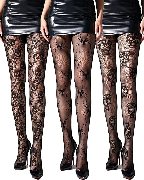 Halloween Tights for Women, 3 Pairs Black Fishnet Stockings Goth Leggings - skull leggings