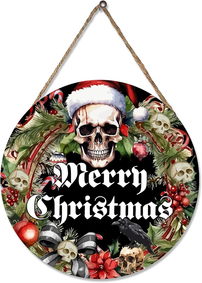 Gothic Christmas Wood Door Sign - Hanging Decor for Indoor/Outdoor Wreath & Holiday Decor - skull wreath