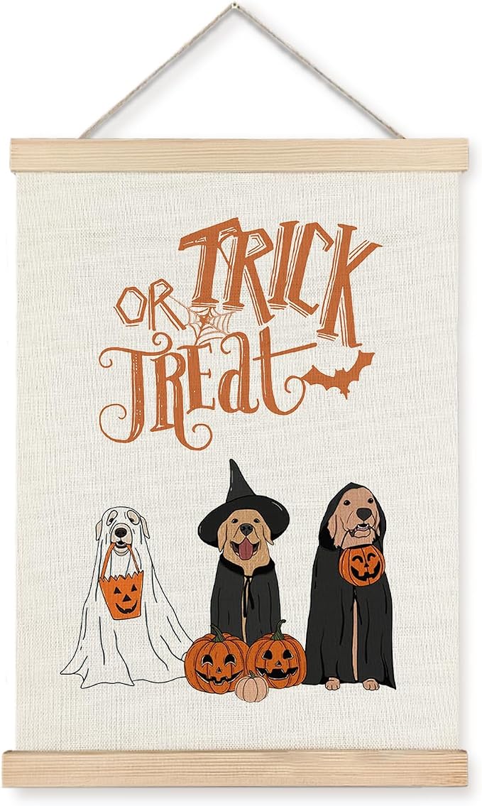 Supwhd Trick or Treat Halloween Ghost Dogs Pumpkin Wall Art with Wooden Poster Hanger, Ghost Dog Decor, Halloween Pictures Wall Decor, Spooky Wall Decor, 12x16 - skull wall art