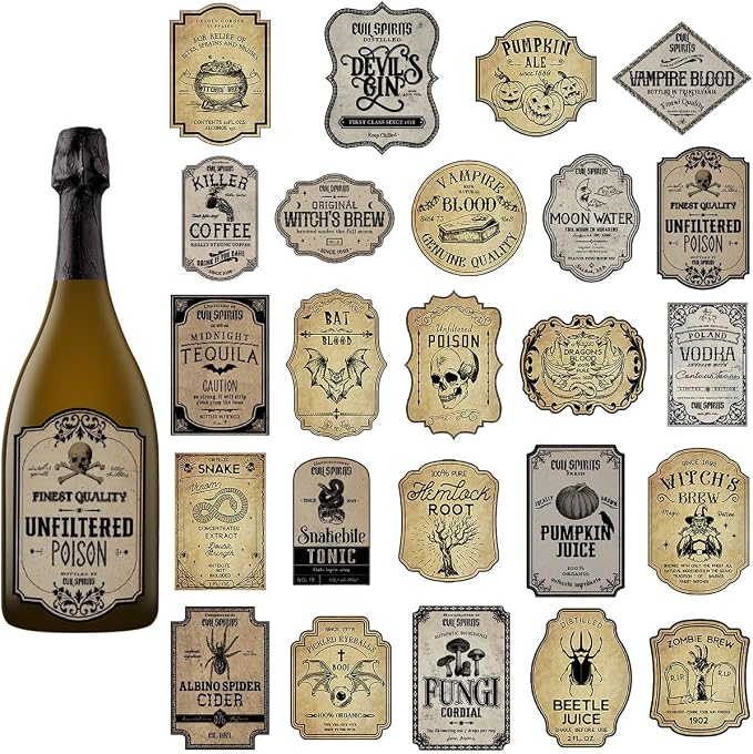 24 Pieces Wine Bottle Labels, Creepy Halloween Stickers for Wine Beer - skull sticker