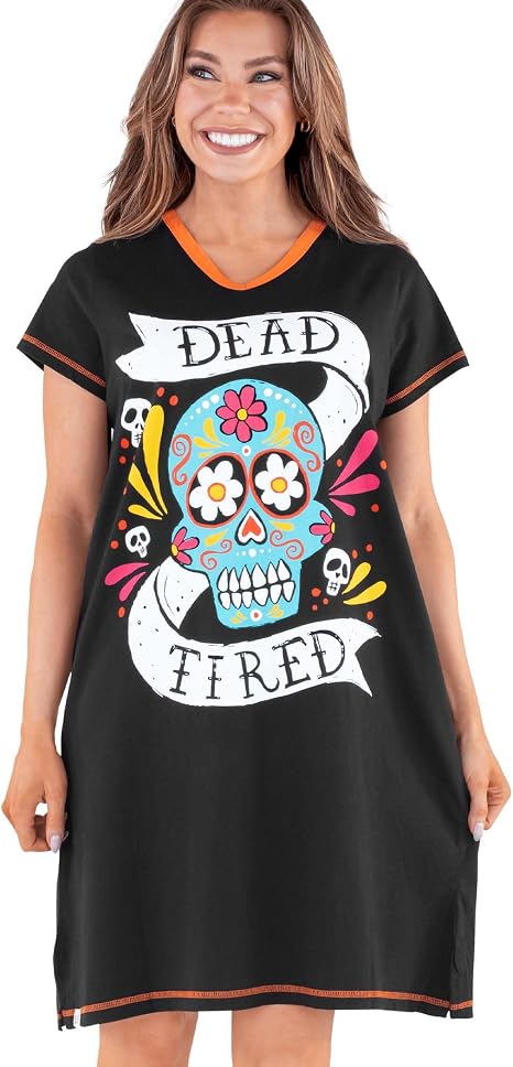 Lazy One Women's Novelty Cotton Nightgown, Cute V-neck Womens Sleep Shirts - skull tshirt
