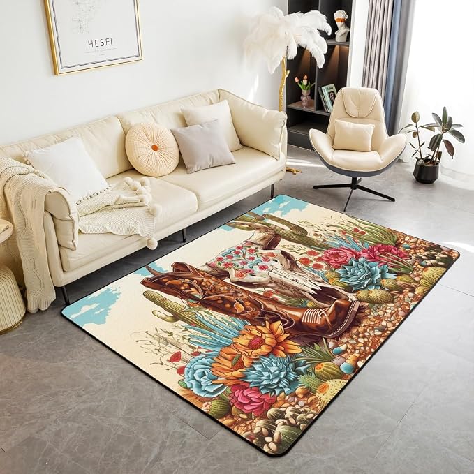 Cowboy Boots Indoor Floor Mat,Western Tribal Flowers Bull Skull Retro Decorative Carpet for Bedroom Bedside, Nature Ethnic Desert Cactus Rustic Flowers Playroom Rugs Home Decor 5x6'6'' - skull carpet