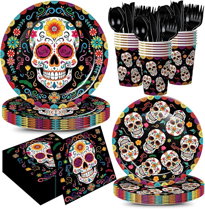 168pcs Day of the Dead Party Supplies Plates Napkins Dia de Los Muertos Tableware Set Sugar Skull Paper Plates Black Forks for Day of the Dead Party Decoration Serve 24 - skull plate
