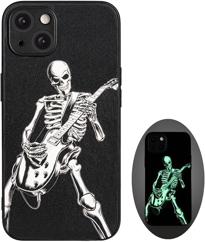 X spirit Skull Guitar Case for iPhone 15 – Skeleton Rock n Roll Design – Cool Gothic Punk Guitarist Style – Shockproof Leather Finish, Glow in the Dark Luminous Cover