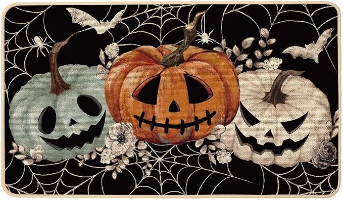 Halloween Doormat 17x29 inch Halloween Black Pumpkins Spider Web Scary Spooky Decorative Front Doormat Indoor Outdoor Non Slip Rubber Backing Fall Entryway Kitchen Floor Decoration - skull floor mat
