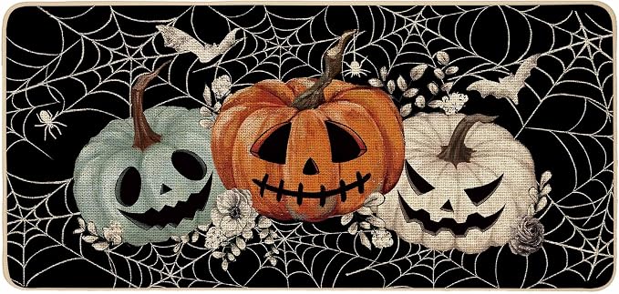 Halloween Door Mat Rug, 17×36 inch Cute Black Pumpkins Spider Web Scary Spooky Decorative Front Doormat Indoor Outdoor Non Slip Rubber Backing Fall Seasonal Entryway Kitchen Floor Decoration