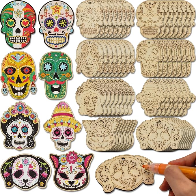 64 Sets Day of The Dead Skull Crafts Unfinished Wooden Sugar Skull Ornaments Make Your Own Mexican Fiesta Blank Cutout Dia De Los Muertos Hanging Slices Tree Decorations - sugar skull ornament