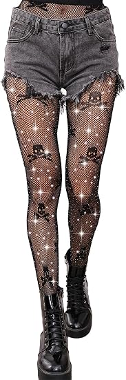 Sparkly Tights, Skull Tights, Sexy High Waist Sparkly Fishnet Tights – Premium Women’s Stretchy Fishnet Stockings for Women, Trendy and Comfortable Halloween