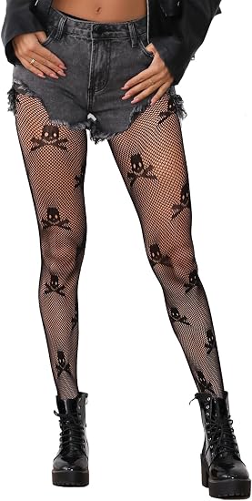 Skull Tights, Sexy High Waist Fishnet Tights - Premium Stretchy Fishnet Stockings, Trendy and Comfortable Halloween - skull leggings
